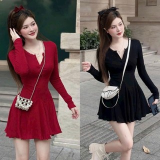 Đầm tay dài dáng xòe cổ phối ren gài nút cực xinh