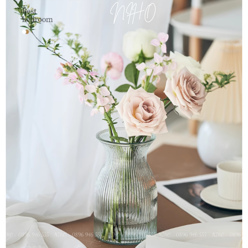 Bình hoa, Lọ hoa thuỷ tinh Niho trong suốt cắm hoa phong cách Bắc Âu trang trí phòng khách sang trọng NHD21044&NHD21045