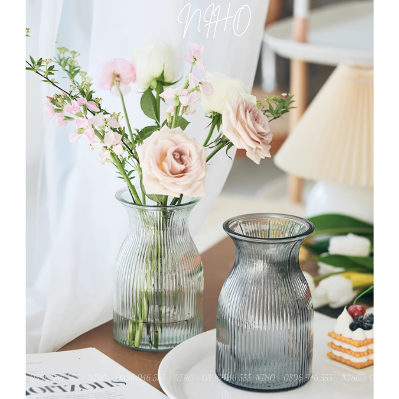 Bình hoa, Lọ hoa thuỷ tinh Niho trong suốt cắm hoa phong cách Bắc Âu trang trí phòng khách sang trọng NHD21044&NHD21045