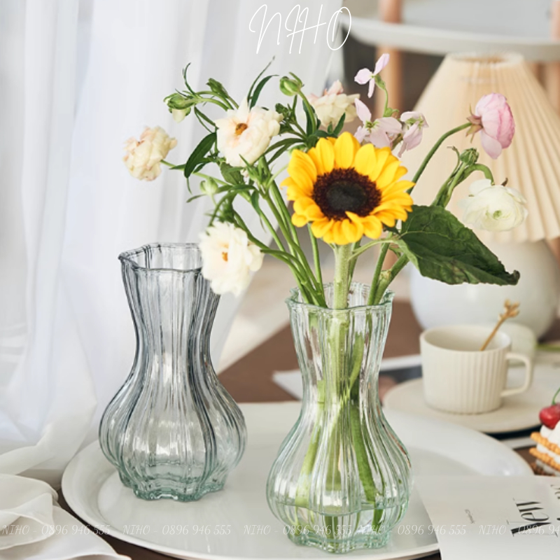 Bình hoa, Lọ hoa thuỷ tinh Niho trong suốt cắm hoa phong cách Bắc Âu trang trí phòng khách sang trọng NHD21044&NHD21045