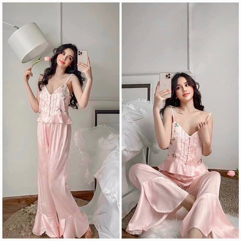 Bộ ngủ lụa áo dây quần dài