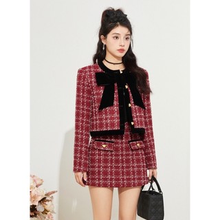 Set áo khoác dạ tweed kẻ đỏ mix chân váy siêu xinh