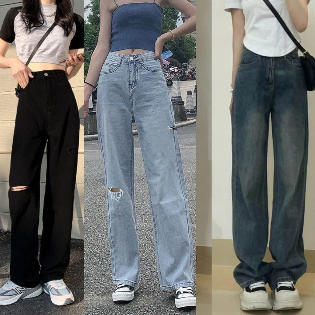 ( Xả Kho Nghỉ Bán) Quần Jeans Nữ Ống Suông Rộng Đen Rách Gối Nam Nữ Unisex Phong Cách Ulazzang Hàn Quốc Siêu Chất Qjr01