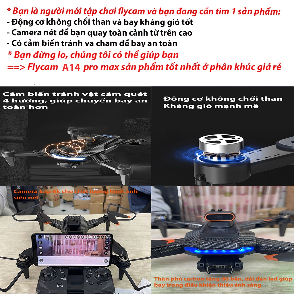 Fly cam A14 Pro, bản nâng cấp của máy bay A13, Động cơ không chổi than, Pin 2500mAh bay 25 phút | BigBuy360 - bigbuy360.vn