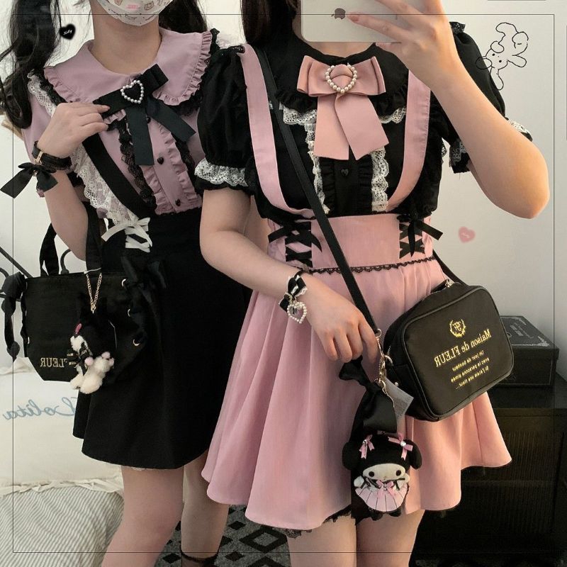 Váy yếm đan dây phối ren jirai kei tiệc trà lolita jk harajuku style anime cosplay