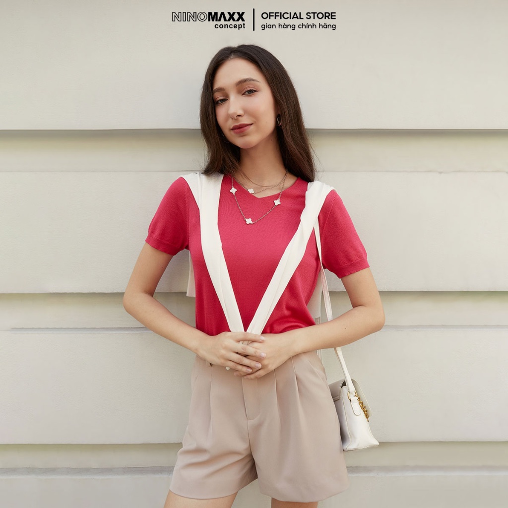 N&M Áo Sweater Nữ Tay Ngắn Bo Thun Cổ Tim Nhiều Màu 2304012