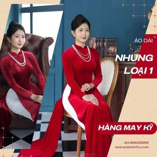 Áo dài nhung đỏ tươi,đỏ đô truyền thống tay dài cổ 3cm Minh Vũ Cao cấp
