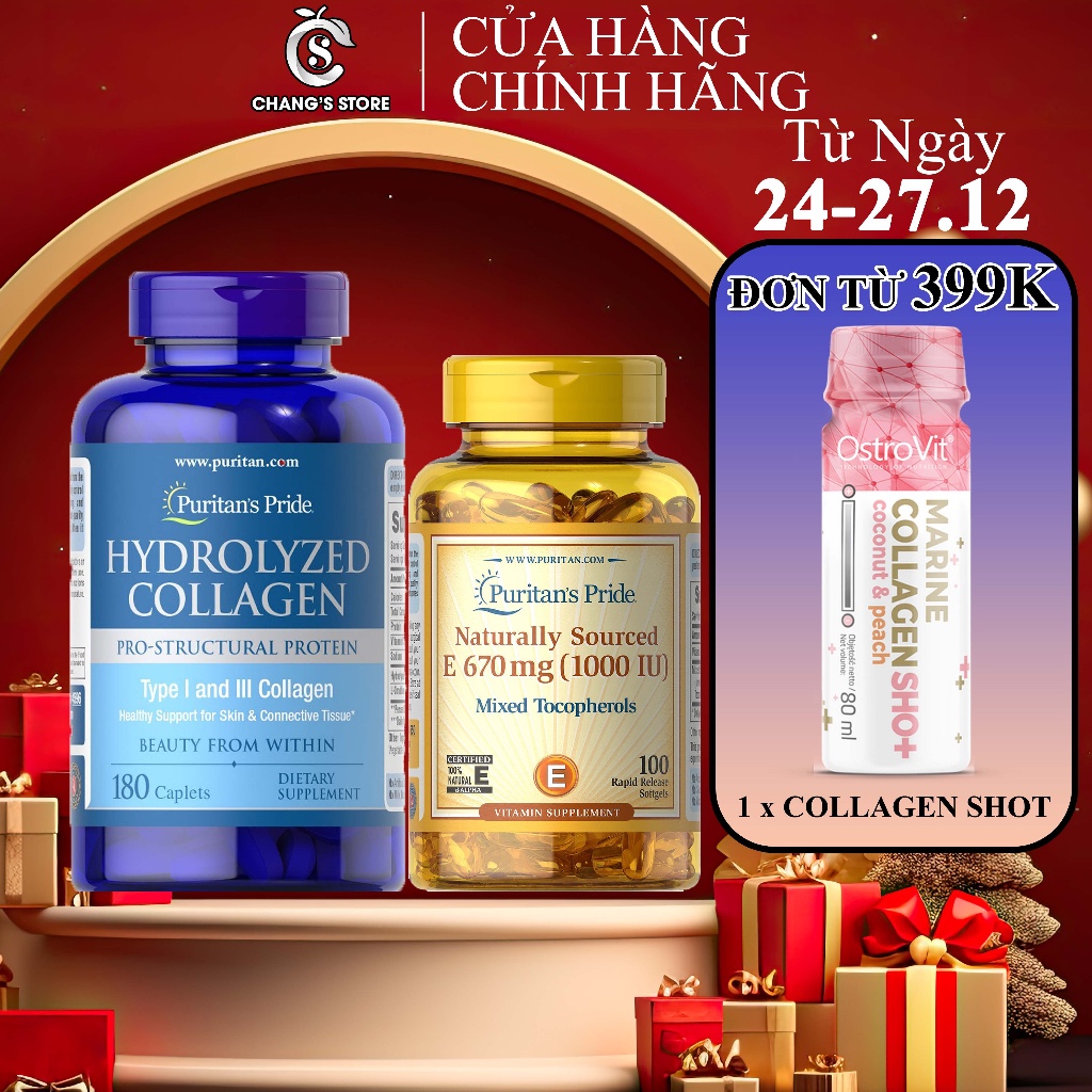 Bộ Đôi Tối Ưu Hoá Chăm Sóc và Chống Lão Hoá cho Da Collagen 1000mg 180v và Vitamin E 1000iu 100 viên - Puritan Pride