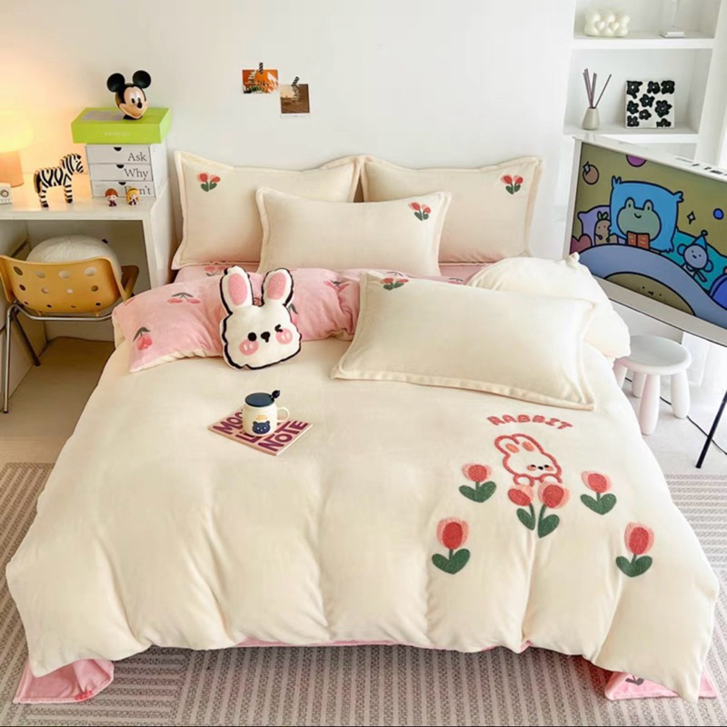 Bộ Ga Gối Nỉ Thêu 4 Món