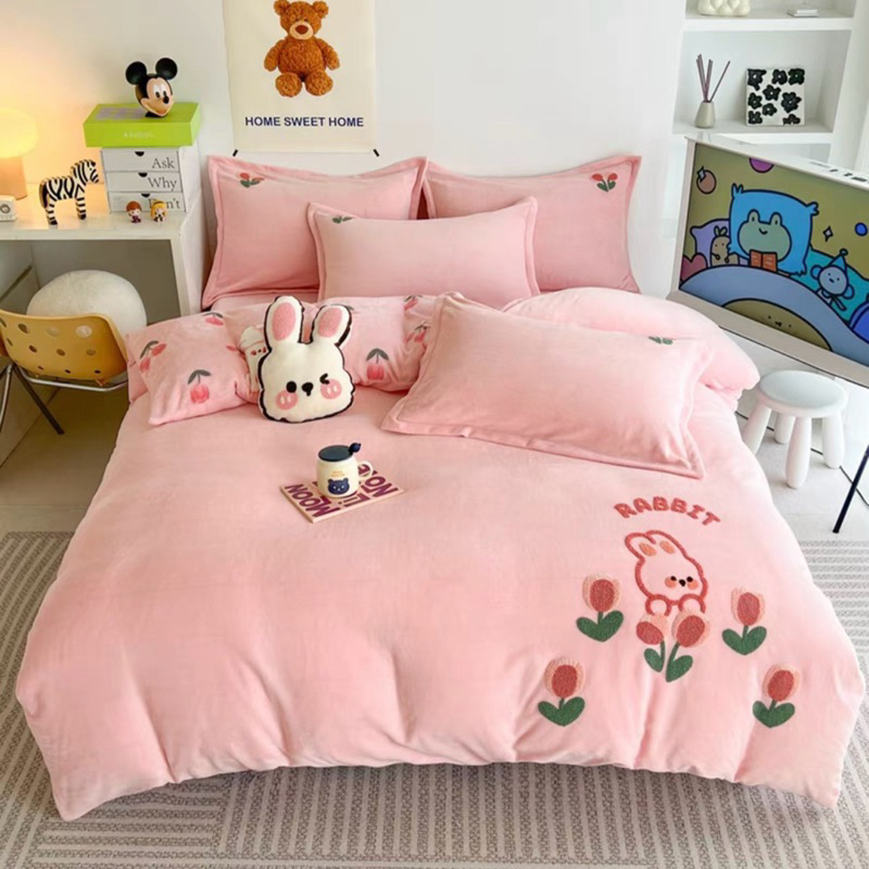 Bộ Ga Gối Nỉ Thêu 4 Món