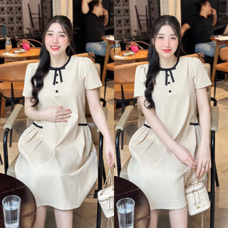 EVERMOM l SALE Đầm bầu Kaity vải xốp ô vuông cổ viền kết nơ trẻ trung