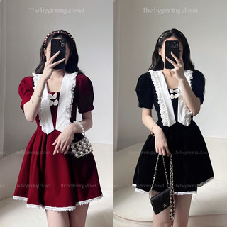 (  Ảnh thật ) Váy nhung đuôi ren cổ cách điệu