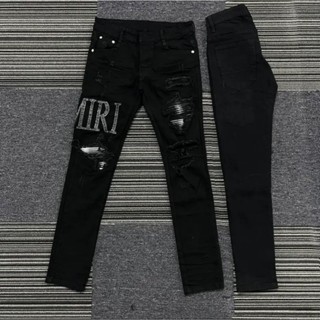 Quần jeans nam dài màu đen wash rách phối chữ AMIRI thời trang, quần jeans nam co giãn form skinny tôn dáng – AX77 STORE