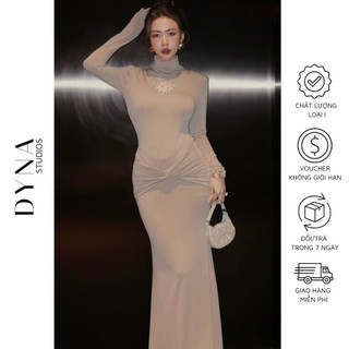 Váy body cổ cao xoắn eo 𝐁𝐀𝐆𝐄𝐎 tay dài đính đá sang chảnh