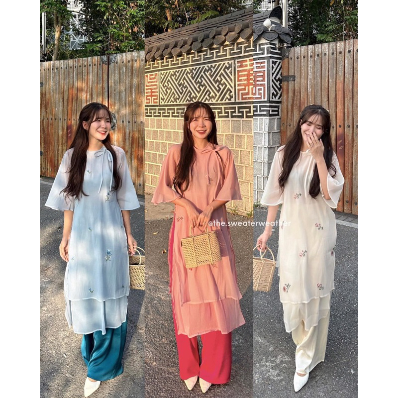 SET ÀO DÀI TƠ THÊU HOA CỔ TRÒN TAY LỠ”LINH LAN” kèm quần tặng nơ cài