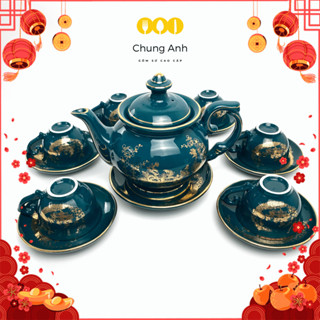 Bộ Ấm Chén Uống Trà, Bộ Ấm Chén Bát Tràng Cao Cấp Xanh Mallard Mạ Vàng 12K Loại 1 - Bảo Hành 1 Đổi 1