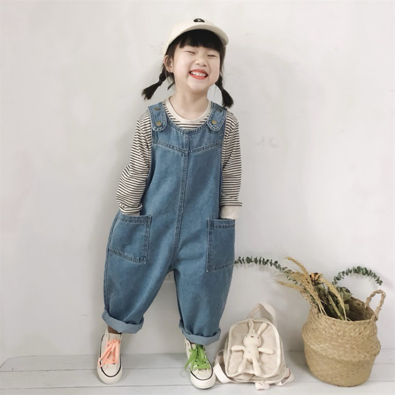Quần yếm jeans hai dây JEANBECO, Yếm jean cúc bấm dành cho bé gái bé trai phong cách Hàn quốc QD009