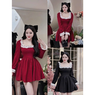 Đầm NHUNG cổ vuông phối bèo lụa trắng viền đen tay dài váy xoè mini đen đỏ thời trang nữ mặc Tết  hoặc Noel