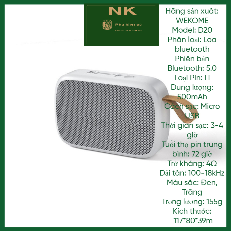 Loa Nghe Nhạc Bluetooth 5.0 Wekome D20 Gắn Thẻ Nhớ Và USB - Bảo Hành 12 Tháng