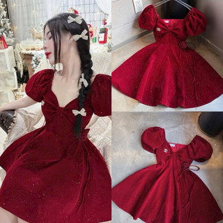 Đầm xu hướng dễ thương du lịch Tết chất Nhung Kim Tuyến cổ Tim nơ giả tay búp váy xoè ngắn mini một đỏ