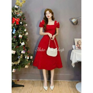Đầm thời trang nữ mặc đi chơi lễ đầm xòe tay ngắn cổ vuông chất vải tapta màu đỏ đen