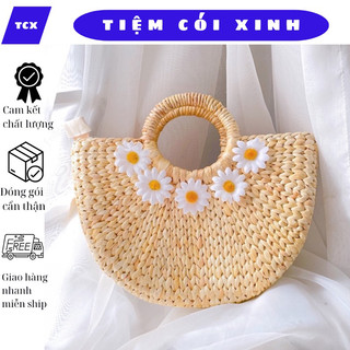 Túi cói sợi lục bình hình bán nguyệt cỡ vừa cầm tay gắn hoa cúc vintage