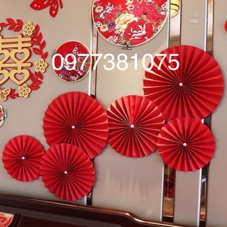 Set 6 quạt giấy, Giấy Nhung nhiều màu gấp quạt trang trí, có sẵn nếp dập decor trang trí Tết, cưới hỏi, làm đồ handmade