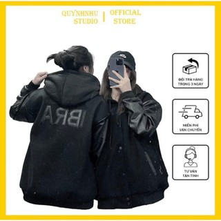 Áo khoác bomber ibra , áo khoác bomber có mũ phối tay da thêu cao cấp kiểu dáng unisex