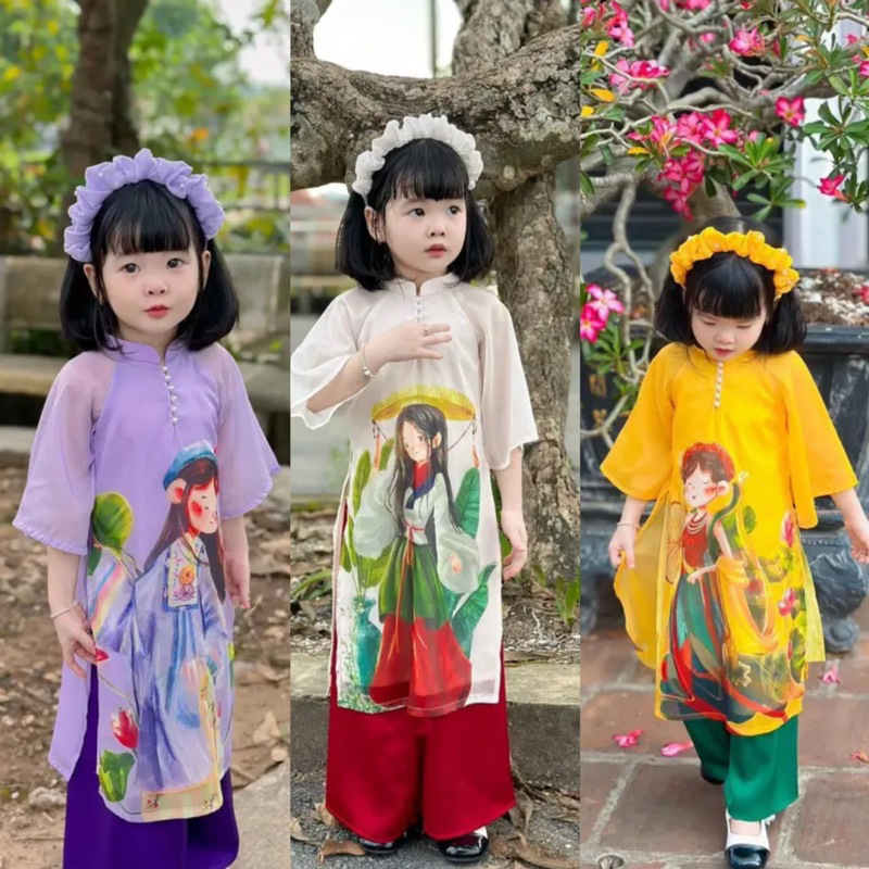 Áo dài cách tân bé gái, set bộ áo dài họa tiết cô gái cúc ngọc cho bé 10-30kg