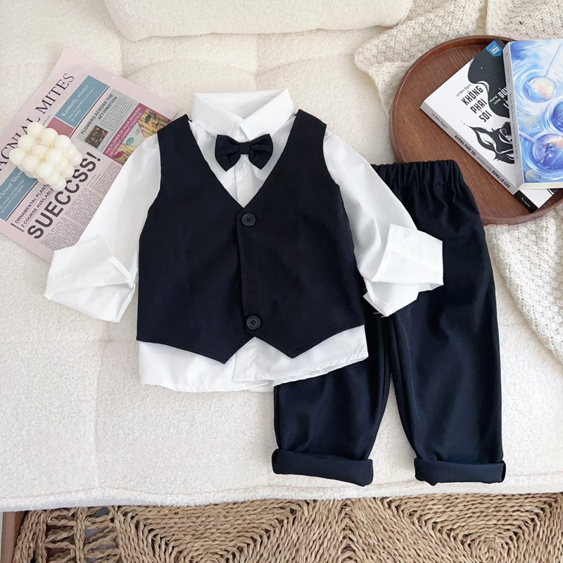 Quần áo bé trai, set công tử 4ct: áo sơ mi, quần dài, áo gile và nơ cổ bảnh bao cho bé