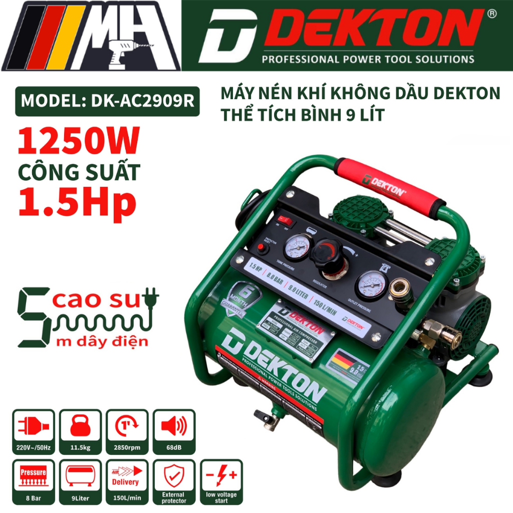 Máy Nén Khí Không Dầu Dekton DK-AC2909R - Dung Tích Bình 9 Lít - Công Suất 1.5HP/W