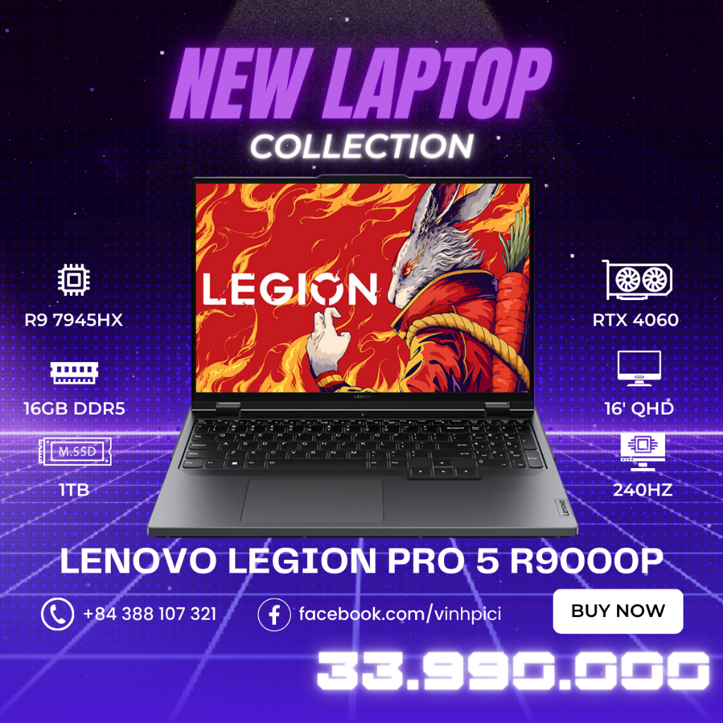 Laptop Lenovo Legion Pro 5 R9000P 2023 (R9-7945HX/ RTX 4060/ Ram 16GB/ SSD 1TB/ 16' QHD 240Hz)