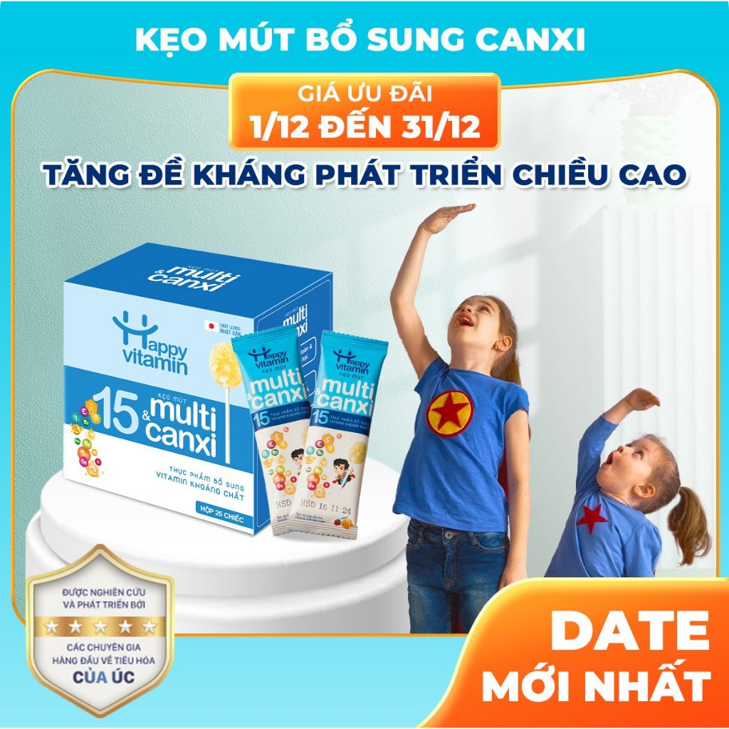 Kẹo mút Canxi và 15 Vitamin Tổng Hợp cho bé. Giúp Xương Răng Chắc Khỏe, Tăng Đề Kháng,Miễn Dịch,Chính hãng Happy Vitamin