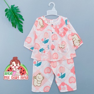 Bộ ngủ bé gái bộ tole lanh dài tay cài giữa phối ren cổ bé gái 8-38kg shop mẹ dưa hấu