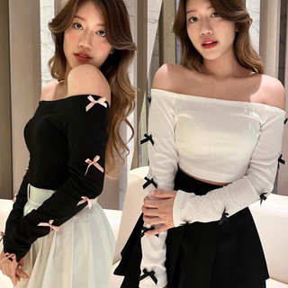 Áo thun trễ vai tay dài đính nơ Hanie top
