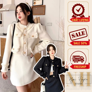 💖FREESHIP💖Set dạ tweed - Set dạ tiểu thư đính cúc đồng mix với áo croptop viền tua rua phong cách tiểu thư