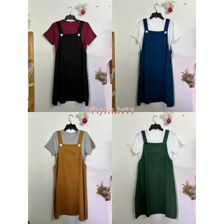 Set áo thun và đầm yếm túi vuông dễ thương tặng kèm cột tóc vải cùng màu yếm