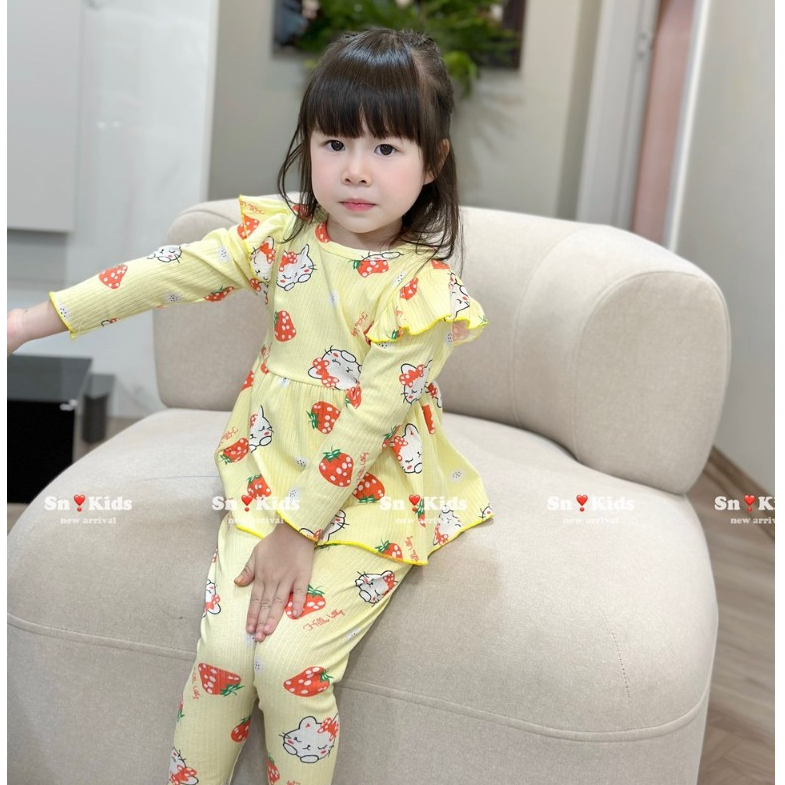 Bộ quần áo tăm gân bánh bèo cổ tròn cho bé gái từ 8-20kg