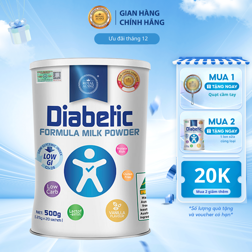 [DATE T11.2024] Sữa Dành Cho Người Tiểu Đường Hoàng Gia Úc ROYAL AUSNZ Diabetic Formula Hỗ Trợ Hạ Đường Máu Hộp 500gr