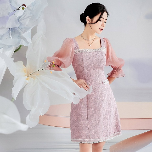Đầm thiết kế Her25 váy cổ vuông dáng A tay bồng nhẹ