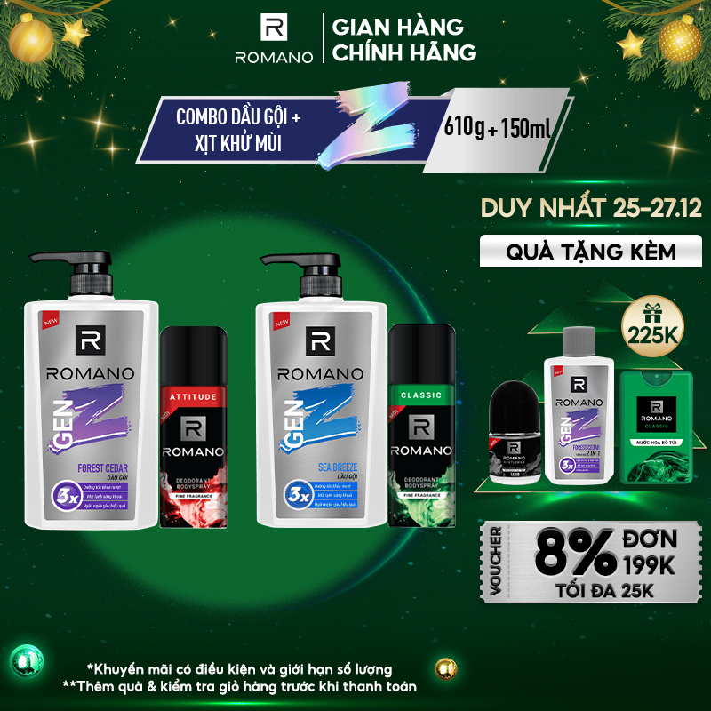 Combo Dầu gội Romano Gen Z Hương Sea Breeze/ Forest Cedar 610g/ chai + Xịt khử mùi 150ml/ chai