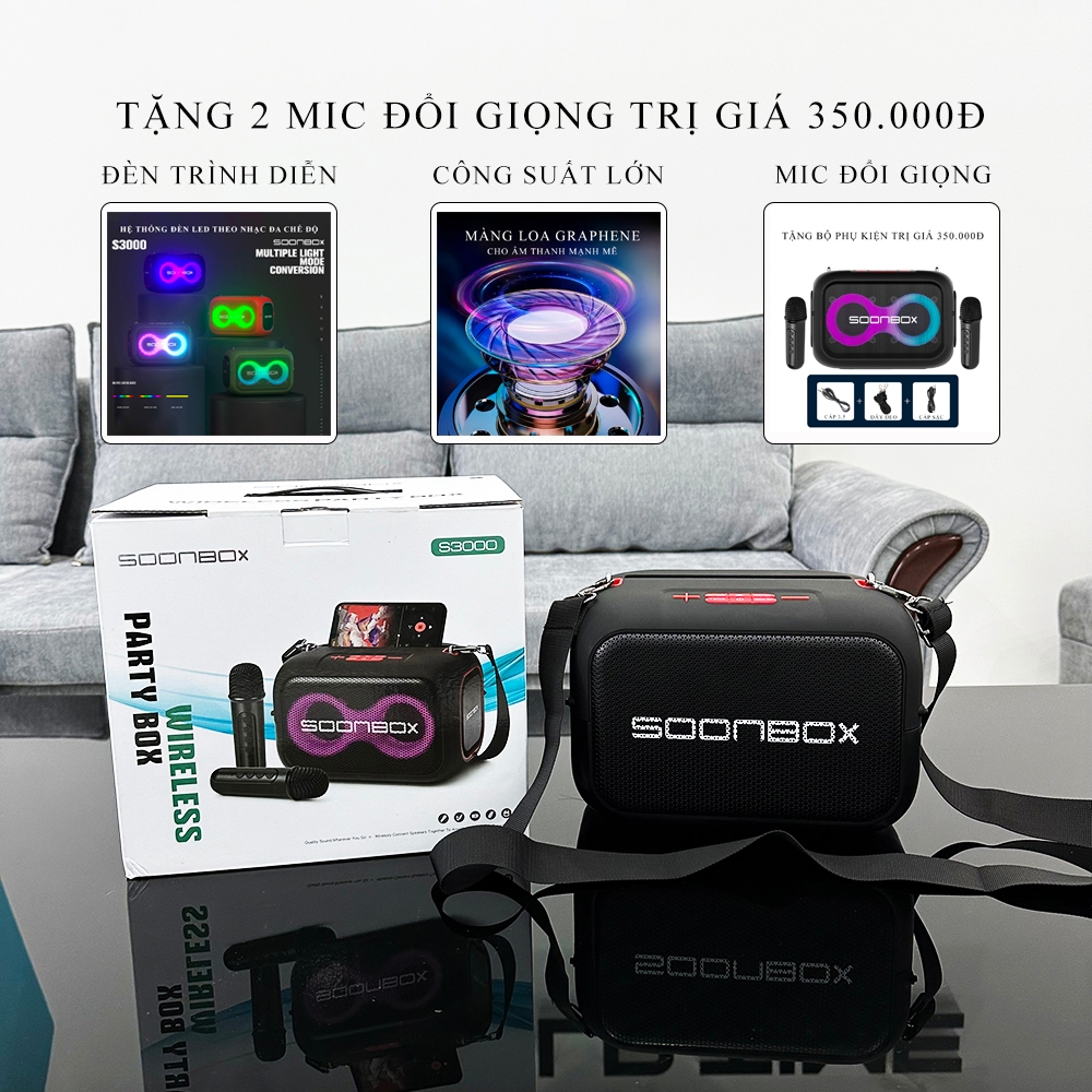 Loa Bluetooth Loa Karaoke SOONBOX S3000 Sạc Pin Không Dây, Âm Thanh Hay Bass Chuẩn Tặng Kèm 2 Míc Hát, Bảo Hành 24 Tháng