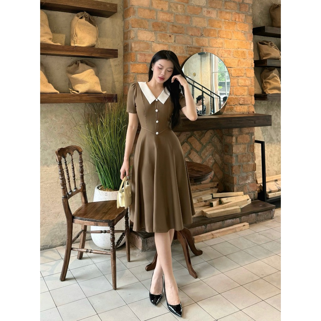 Đầm dự tiệc Nhật Vy cổ V phối bèo đính nút bọc viền chỉ cách điệu chất lụa phù hợp đi chơi dạo phố thanh lịch - D2891