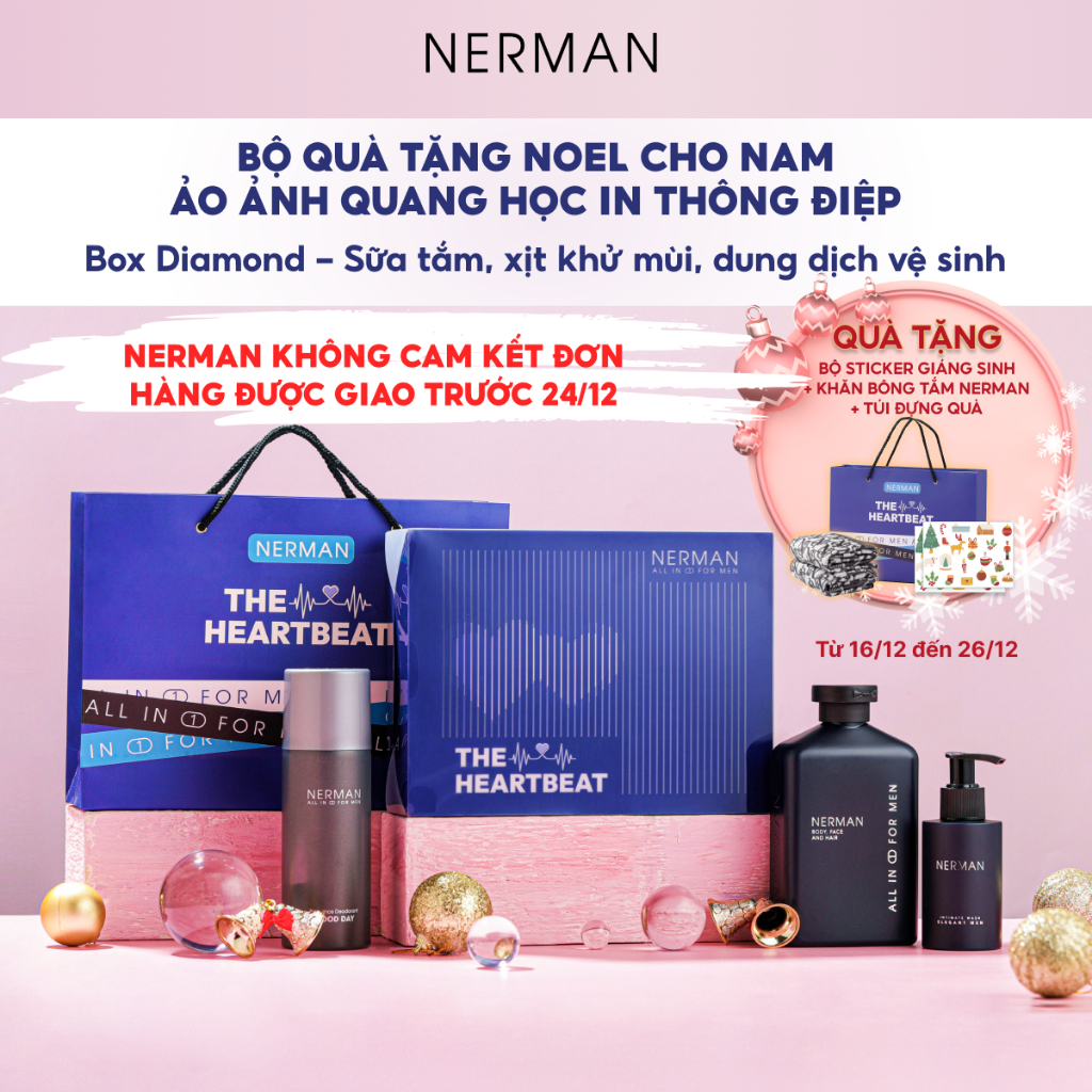 Bộ quà tặng Noel cho nam ảo ảnh quang học in thông điệp Nerman The Heart Beat-Sữa tắm 350g&DDVS 100ml&Xịt khử mùi 100ml