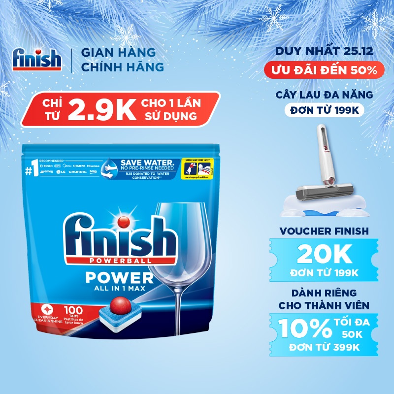 Viên Rửa Chén Bát Finish Powerball Power All In 1 Max - Túi 100 viên siêu tiết kiệm