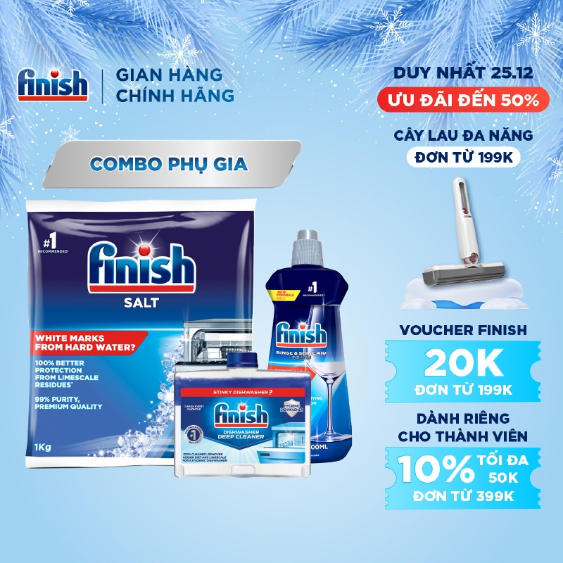 Combo Finish phụ gia: Nước làm bóng 500ml + Dung dịch vệ sinh máy 250ml + Muối rửa chén bát 1kg