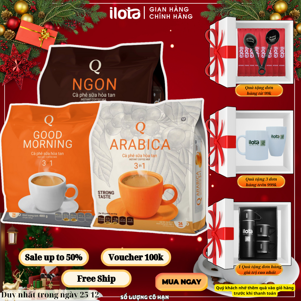Combo 3 loại cà phê sữa hòa tan Trần Quang là Arabica, Ngon, Goodmorning 24 dùng thử
