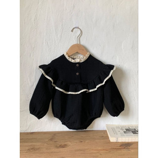 Bodysuit đen dài tay ren viền cho bé gái 1 tuổi chất liệu cotton thoáng mát mềm mịn