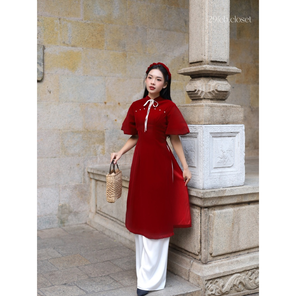 Set Áo Dài Nhung HẢI ĐƯỜNG 29feb.closet Tay Bồng Cúc Ngọc Tặng Bờm Xinh Kèm Quần Lụa Sang Chảnh - S148