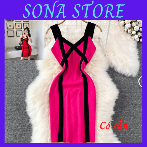 Váy 2 dây body len dệt kim đầm ôm nữ phối màu sexy gợi cảm sang chảnh tiểu thư bánh bèo cute hàng quảng châu cao cấp